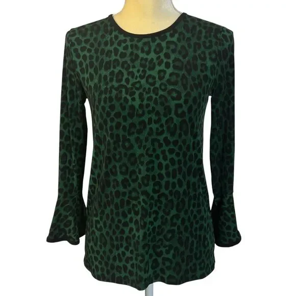 Michael Kors Women's Leopard Print Bell Sleeve Top Green Black Size XS Stretch - Picture 1 of 12